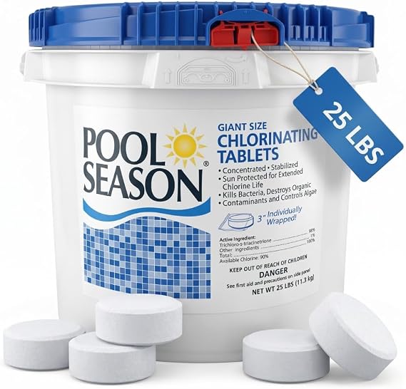 Pool Season Chlorine Tablets 3 Inch for Swimming Pools Stabilized Slow-Dissolving Trichlor Tabs, 90% Available Chlorine, Kills Bacteria & Prevents Algae Above Ground & Inground, 25 lb Bucket
