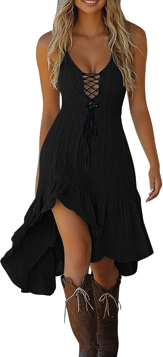 Women's Vintage Western Cowgirl Dress Summer Sleeveless Lace Up V Neck Mini Dresses High Low Casual Bohemian Dress