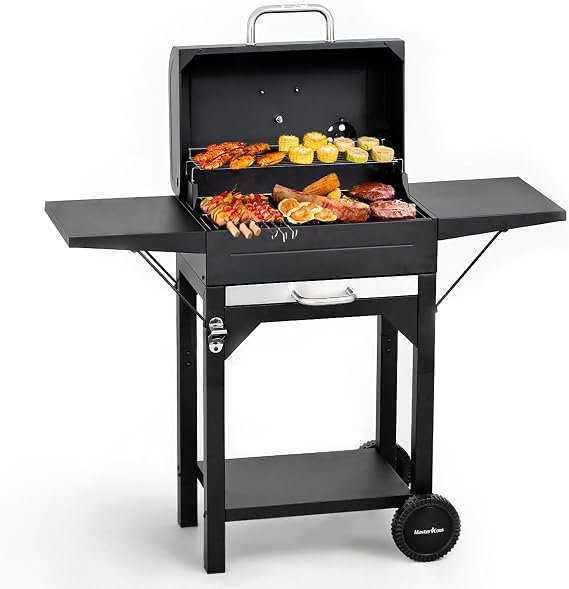 MASTER COOK Charcoal Grills with Two Side Tables, 342 SQIN Cooking Area Outdoor Smoker Barbecue bbq grill for Camping, Patio,Backyard Party, Picnic, Black