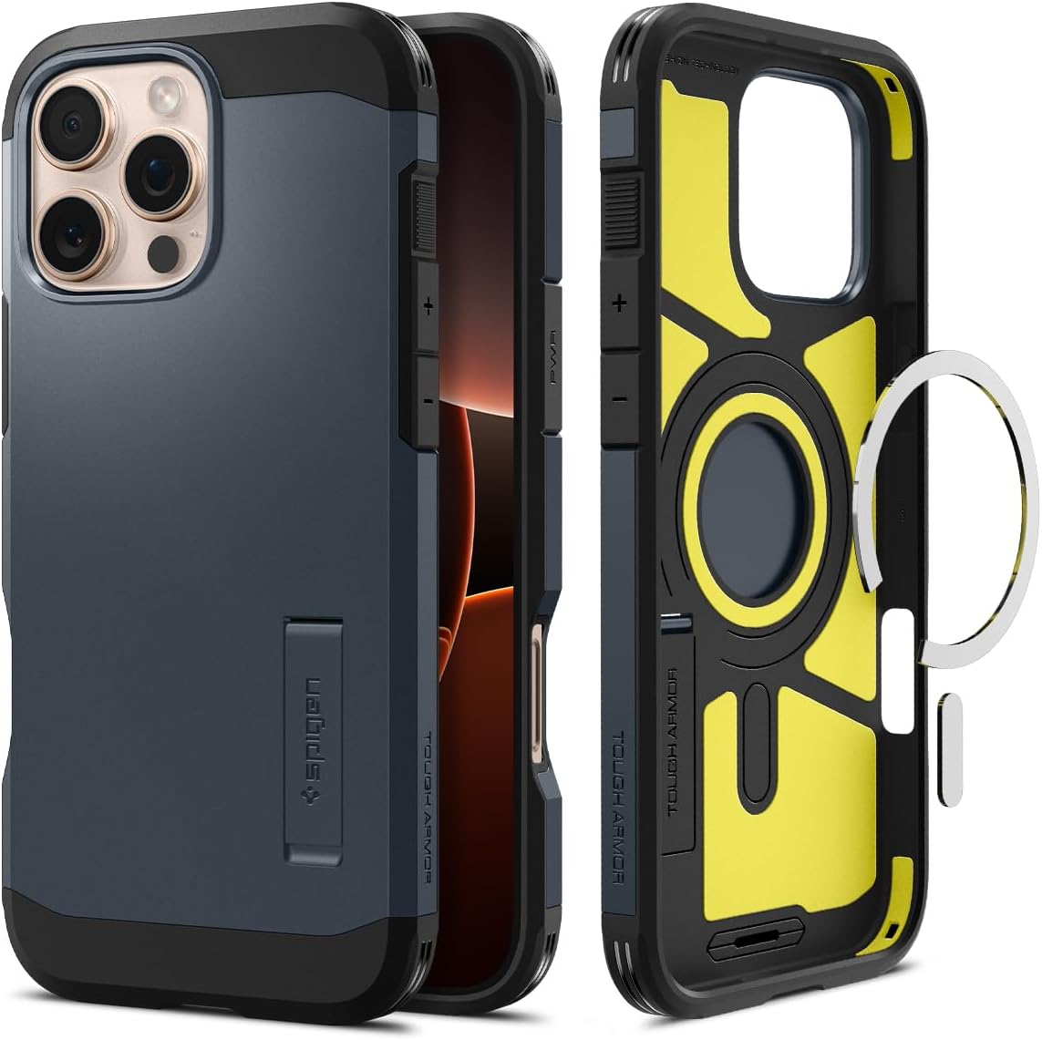 Spigen iPhone 16 Pro Max ile Uyumlu Ekstra Dayanıklı MagSafe Kılıf Tough Armor Ai Hava Kanalı Teknolojisi™ Askeri Sınıf Koruma MagFit KickStandlı Metal Slate Çift Katman Kapak - ACS08014