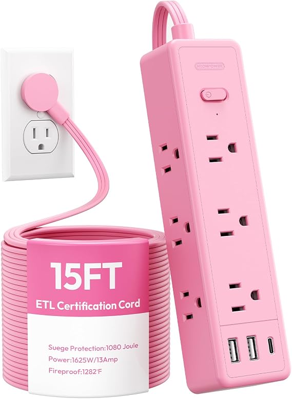 Pink Power Strip, NTONPOWER Power Strip Flat Extension Cord 15FT, 9 Outlets 3 USB Ports(1 USB C), Wall Mount, Multiple Outlets for Home, Dorm, Vanity Desk, Nightstand,Women