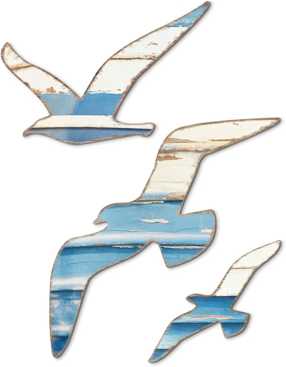 Putuo Decor 3pcs Wood Nautical Decor Seagull Wall Decor Nautical Coastal Theme Wall Art Adhesive Seagull Wall Sculpture Sea Birds Lake House Ocean Decoration Vintage Ornaments For Home Bathroom