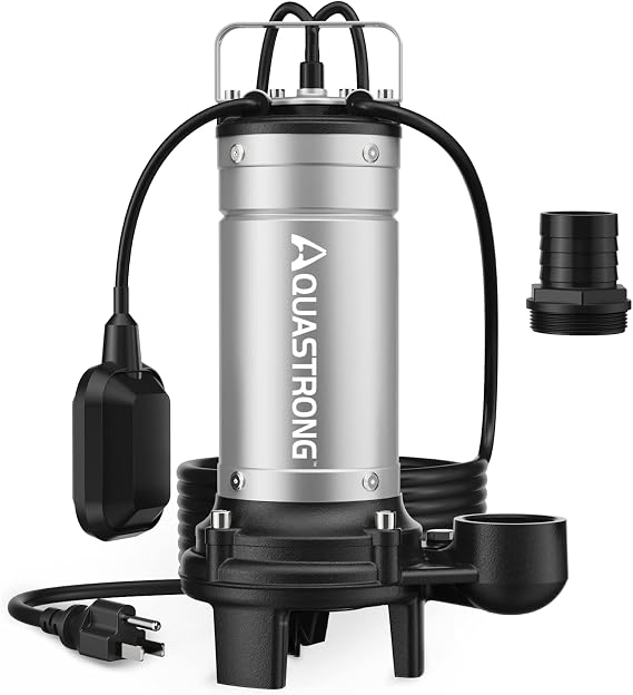 Aquastrong 1HP Sewage Pump 115V 5283GPH Sewage/Effluent Pump | Stainless Steel, Cast Iron Impeller, 2 inch Discharge Sewage Sump Pump with Auto Float Switch for Sump Basin, Sewage System