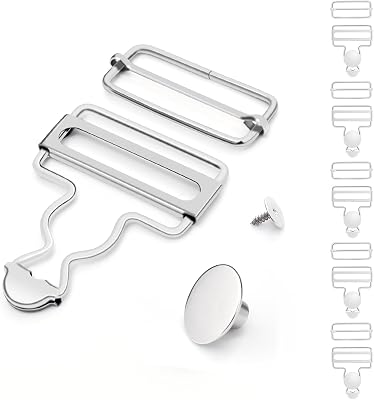 CooBigo 6 Sets Metal Overalls Buckles, 1-12 Overall Replacement Clasp Clips with Adjustable Tri Glide Slide Buckle and Buttons for Jeans Suspender, Bib Pants DIY Sewing Accessories Silver