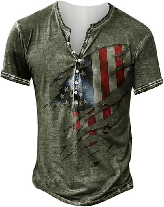 Henley Shirts for Men Short Sleeve V Neck Button Down Casual Vintage Distressed American Flag Graphic T-Shirt