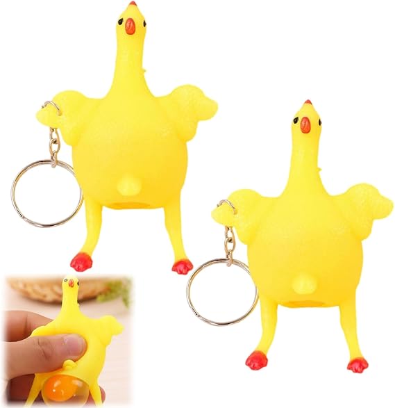 2Pcs Funny Rubber Chicken Keychain Squishy Chicken Laying Eggs Stress Relief Toys for Adult Venting Anger Releasing Stress