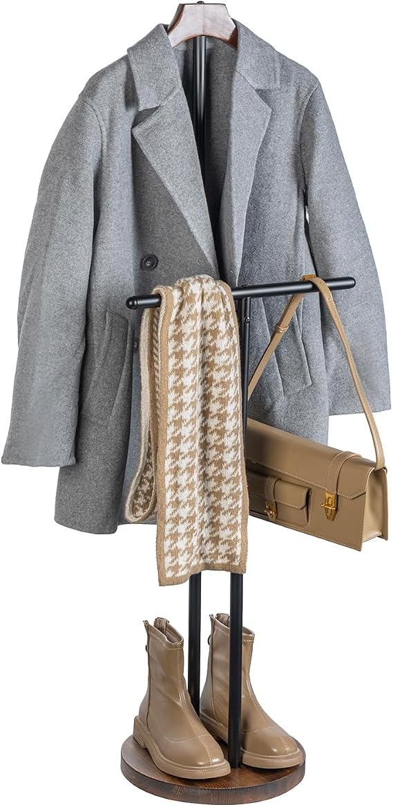 MyGift Garment Valet Stand, Rustic Wood Coat Rack with Bag Holder