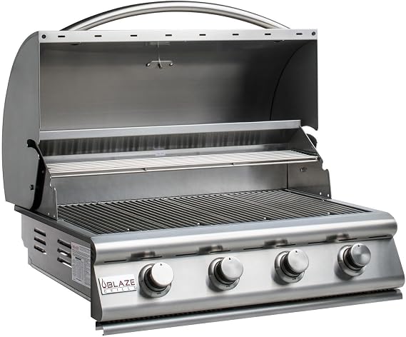 Blaze Prelude LBM Built-In Natural Gas Grill | 32-Inch 4-Burner BBQ with 56,000 BTUs | 304 Stainless Steel Construction | Flame Stabilizing Grids | BLZ-4LBM-NG