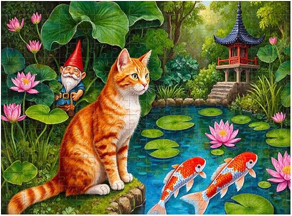 500Pcs Puzzle Jigsaw Puzzle Lush Whimsical Garden Scene with Orange Tabby Cat Koi Fish Lily Pads Flowers and Pavilion for Home Decor 14.9X20.4 Inch