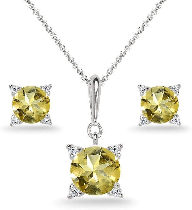 Sterling Silver Genuine or Synthetic Gemstone Studded Solitaire Necklace & Stud Earrings Set