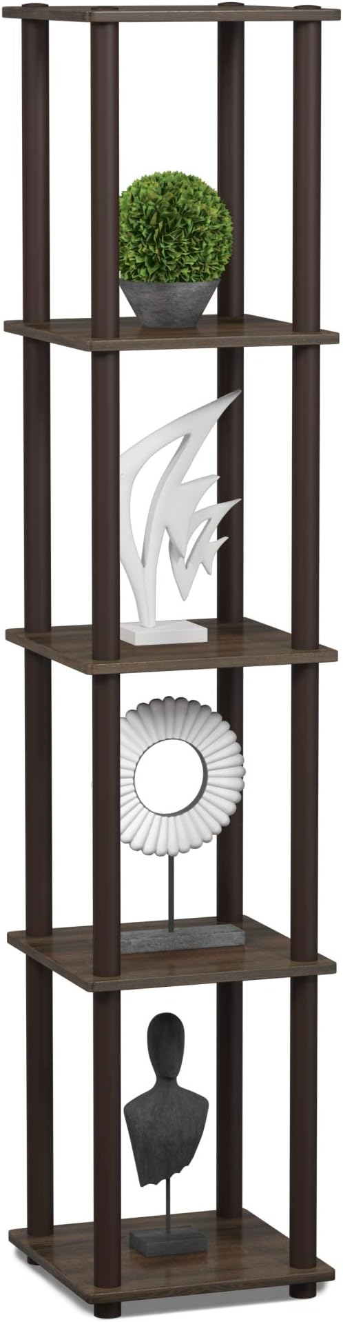FURINNO Turn-N-Tube 5-Tier Corner Square Rack Display Shelf, Round, Walnut/Brown