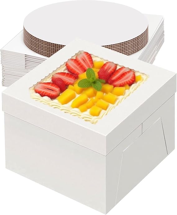 12 inch Cake Box & White Cake Board Set 12" x 12" x 8" Square 20 Packs (10 x boxes & 10 x boards) Clear Windows Disposable Cake Containers for Wedding Birthday Party Celebration