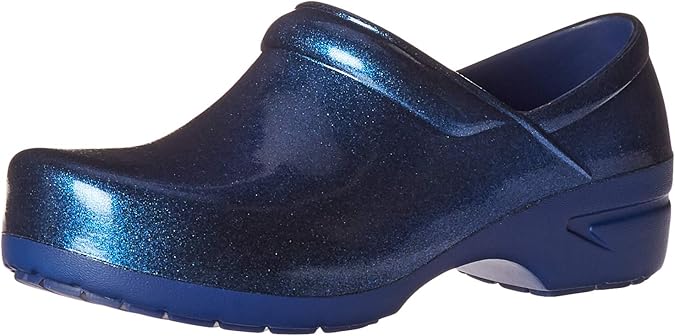 Anywear SR Angel Slip Resistant Work Shoes for Women - Fluid Resistant Nursing Clogs - All Day Comfort Gardening, Nurse Clogs & Chef Shoes - Navy Pearlized Glitter - 10 Women/8 Men