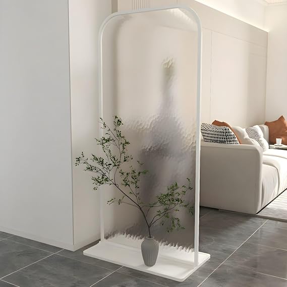 LAKIQ Translucent Glass Room Divider with Metal Frame Modern Single Panel Freestanding Room Privacy Partition Wall Divider Indoor Decorative Separator (White- Oceanic Clear Glass, 23.6" L x 67" H)