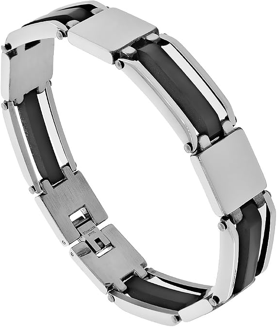Sabrina Silver Stainless Steel Bar Bracelet for Men 2-Tone Black 9/16 inch Wide, 8.5 inches Long
