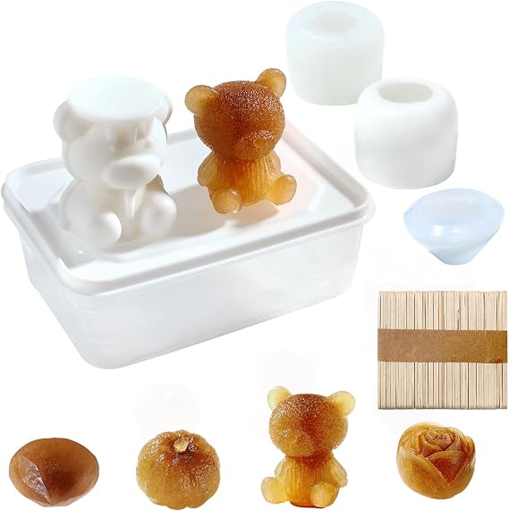 Large 3D Silicone Cute Ice Molds - Multifunctional Bourbon, Bear, Pumpkin, Diamond, Rose Ice Cube Molds with Popsicle Stick