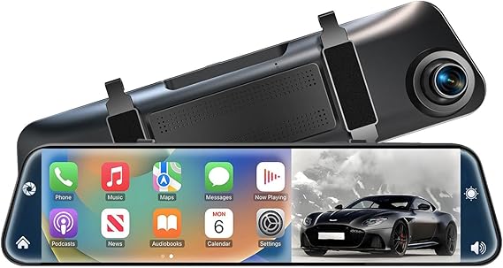 4K Rear View Mirror Camera with Carplay&Android Auto 12" Mirror Dash Cam | Voice Control/Split Screen/Parking Monitor/Loop Record/Reverse Assist/G-sensor/64GB Card