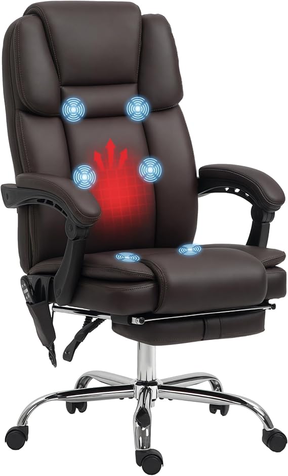 Vinsetto Massage Office Chair with Footrest and 6 Vibration Points, Heated Reclining PU Leather Desk Chair with High Back and Adjustable Height, Brown
