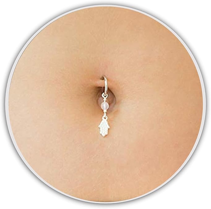 Fake Belly Ring Clip On Piercing Rose Quartz Silver Dangle