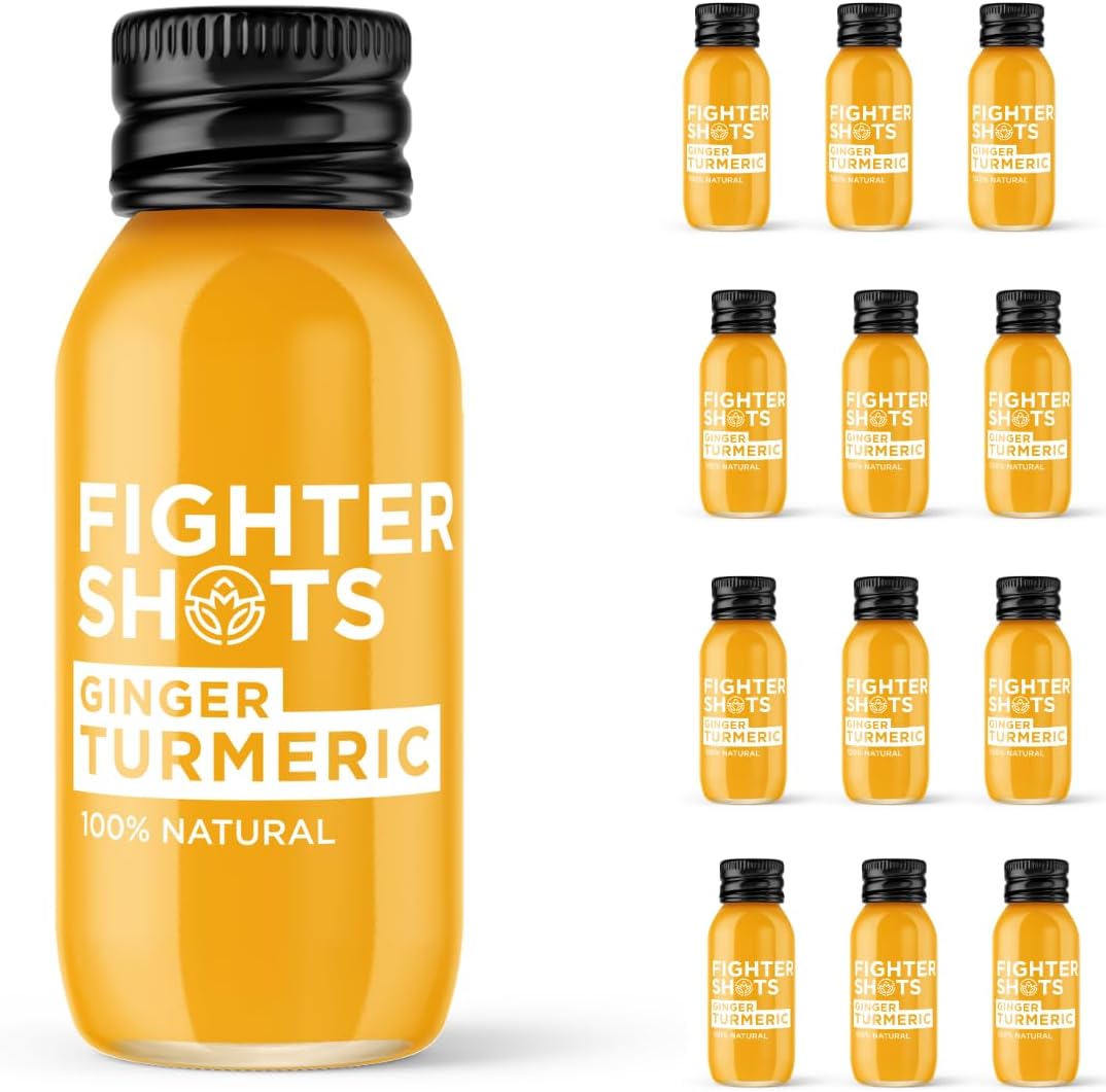 Fighter Shots Ginger Turmeric Shots 12x60ml | Reduces Bloating | Boosts Immunity | 100% Natural | Perfect MorningPost Workout Pick Me Up | No Preservatives | Fresh and Fiery Turmeric Shots