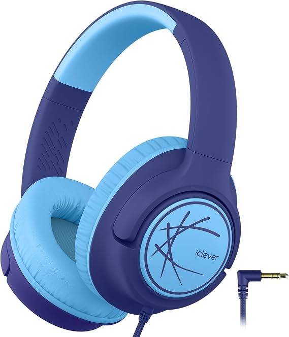 iClever HS26 Kids Headphones Cord, 85dBA Safe Volume Wired Headphones, Stereo Sound Foldable Adjustable, 3.5mm Jack, Over Ear Headphone for School/Boys/Girls/iPad(Dark Blue)