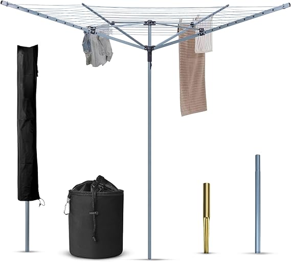 BLADO Rotary Washing Line 4 Arm 60M Washing Line Rotary with Peg Bag Rotary Clothes Lines for Outside, Whirlygig Clothes Airer Outdoor  with Cover & Metal Ground Spike (60M)
