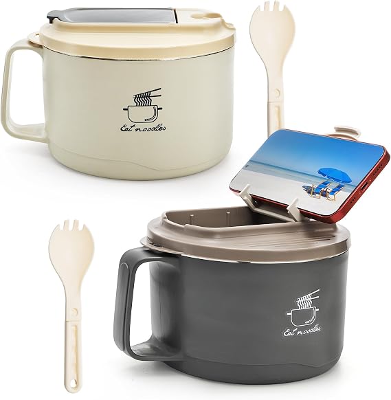 Yesland 2 Pack Large Ramen Bowl, 37 oz Ramen Noodle Pasta Cooker, Soup Cups with Lid and Handle for College Dorm Room
