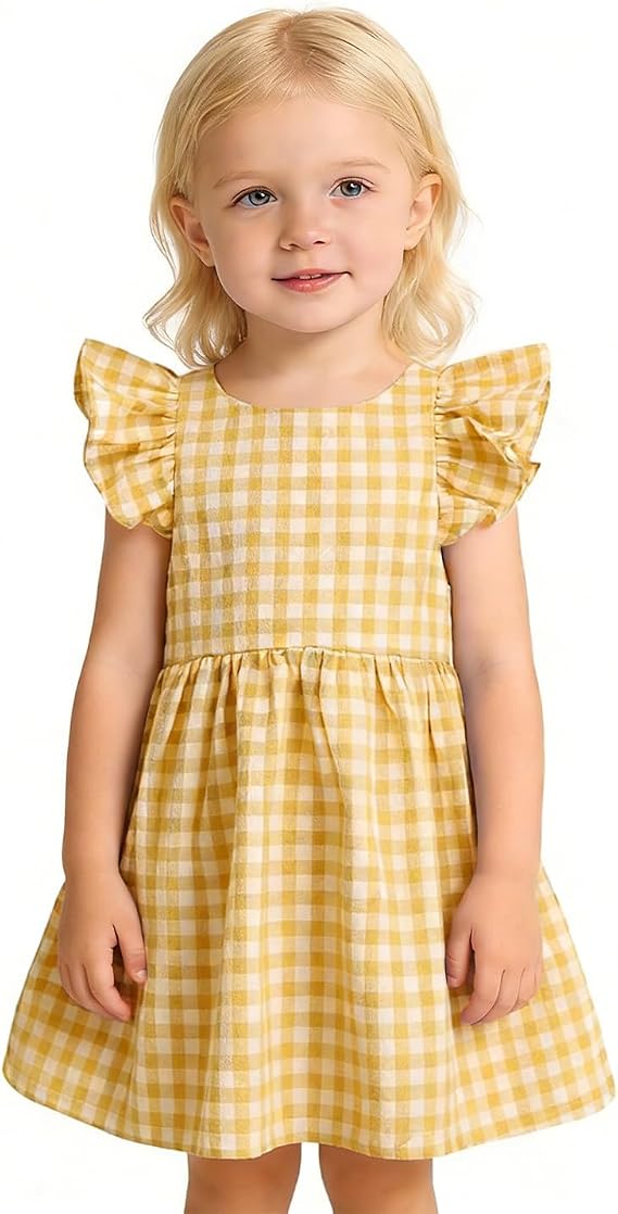 ROYLAMP Summer Girls Gingham Dress Ruffle Sleeves Back Bow Cute Toddler Dresses for Casual Play