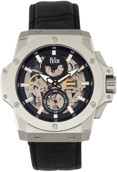Reign Commodus Automatic Skeleton Leather-Band Watch, Silver/Black, One Size, REIRN4002