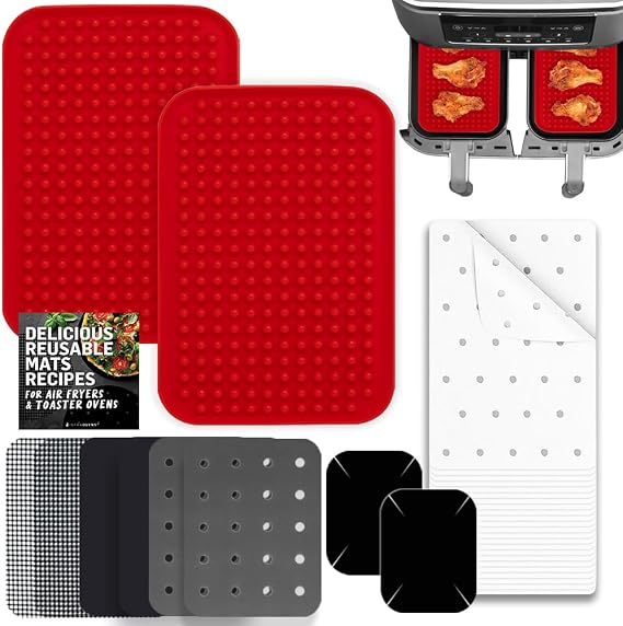 INFRAOVENS Accessories for Ninja Dual 2 Basket Air Fryer 8 QT DZ201 & 10 QT DZ204, Silicone Liners, Reusable Sheets, Parchment Paper and Cookbook for Foodi Double Airfryer