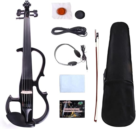 Vetimobato 16 Inch Silent Electric Viola Set- Solidwood Body with Ebony Fittings Metallic Coating Full 5 String Viola Set for Beginner Practice, Professional Performance and Studio Recording (Black)