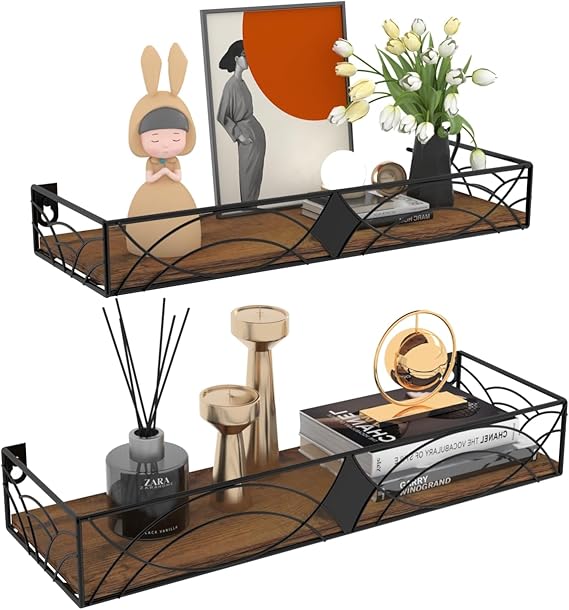 HORLIMER Floating Shelves for Wall Set of 2, Wooden Wall Shelves with Bars, Rustic Wall Mounted Shelves for Kitchen, Bathroom, Bedroom, Living Room, Rhombic Style