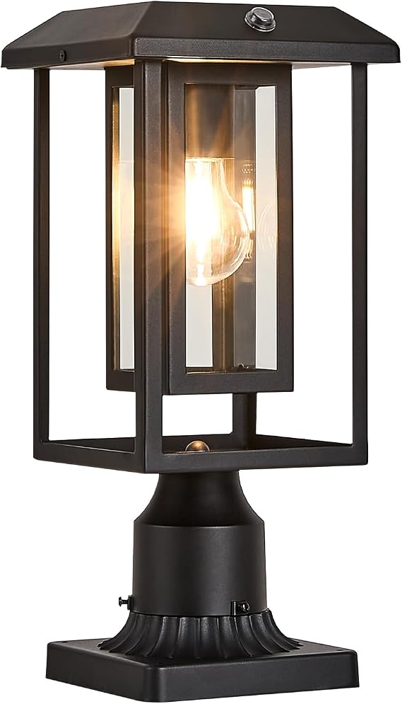 Solar Lamp Post Lights for Outdoor with Pier Mount Base, Dusk to Dawn Pole Light Head with Waterproof, Exterior Solar Powered Pillar Lights Fixture for Yard, Garden, Pathway, Black