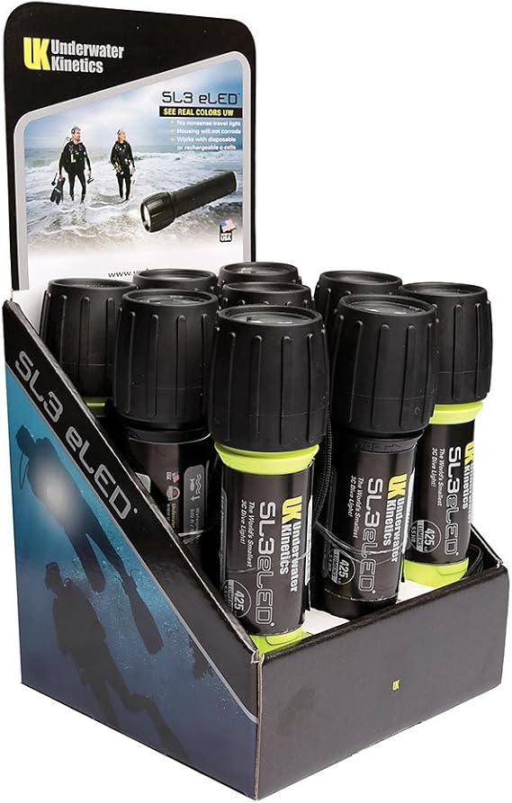 Underwater Kinetics SL3 eLED (L2) 9-Pack Display w/Batteries, 5 Safety Yellow/4 Black
