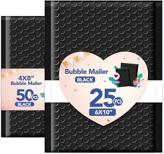 GSSUSA Bubble Mailers Black 6x10Inch 25PC +Black 4x8Inch 50PC, Usable Size 6x9" & 4x7" Bubble Envelopes for Small Business, Padded Envelope, Shipping Mailers, Packaging Bags, Mailing Envelopes