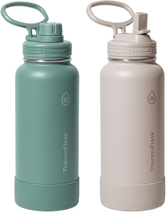 ThermoFlask Stainless Steel Water Bottle, 32 oz, Double Wall Vacuum Insulated, Leakproof, 2-Pack (Sage/Light Beige)
