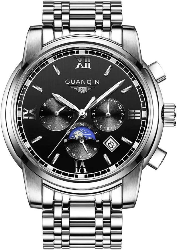 GUANQIN Men Analog Automatic Self-Winding Mechanical Stainless Steel Business Wrist Watch Date Luminous Moon Phase