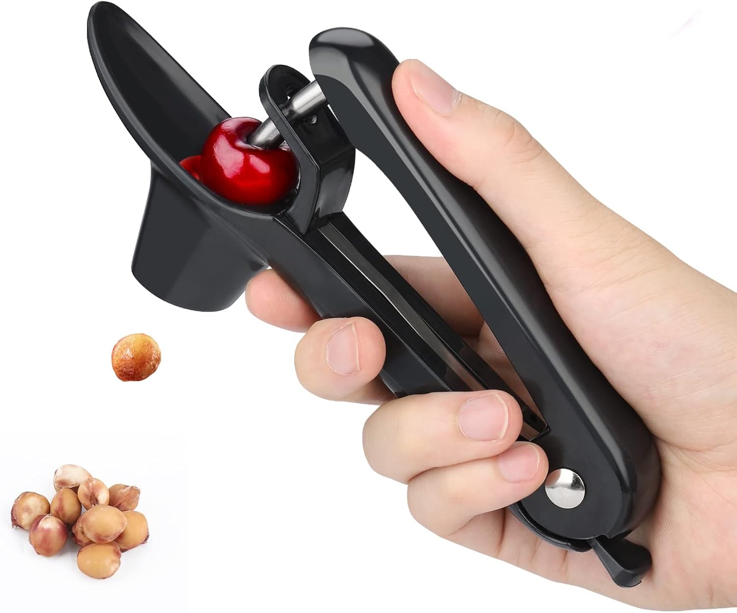 Cherry Pitter, Heavy-Duty Olive and Cherry Pitters Corer Tool with Space-Saving Lock Design, Multi-Function Cherries Stoner Seed Remover Tool for Making Cherry Jam Black