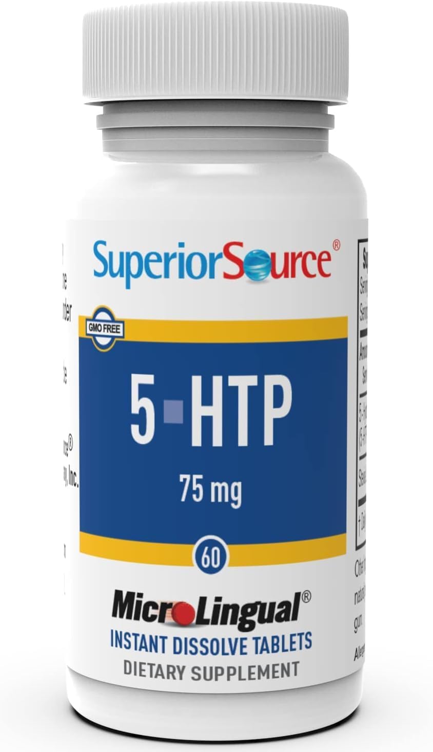 Superior Source 5-HTP 75 mg - Natural Supplement Aids Restful Sleep & Neurotransmitter Functions - Brain Health & Function Support - 5-Hydroxytryptophan Supplement - 60 Instant Dissolve Tablets
