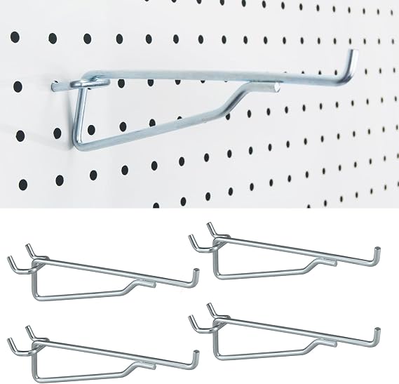 Pegboard Shelf Hooks, 4 Pack 6" Metal Utility Hook Set, 1/4 inch Peg Board Organizer Accessories, Shelves and Baskets Brackets, Display and Storage Rack for Garage Art Craft Room Office (Silver)