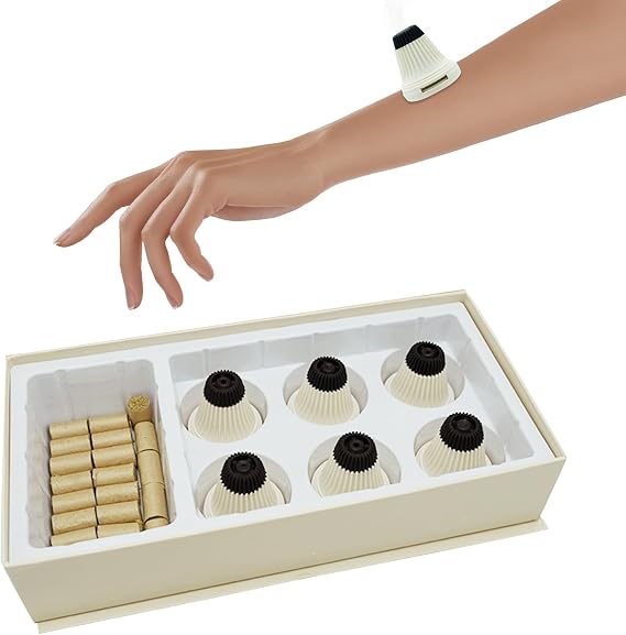 Moxibustion Kit Portable Smokeless Mugwort Moxibustion Moxa Box Round Shape Burner 6 Pack Portable Safe Home Moxibustion Boxes and 60 Rolls Small Moxa Sticks for Soreness Relieve (White)