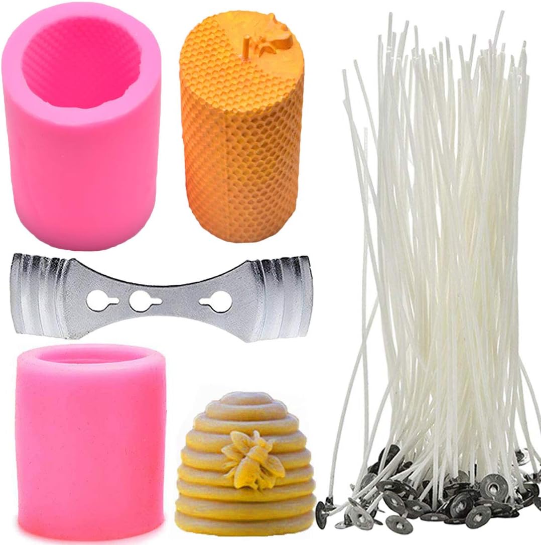 2 Pack Cylinder 3D Bee Honeycomb & Beehive Silicone Candle Molds with 50pcs Wicks & Centering Device for DIY Candle, Soap, Lotion Bars etc