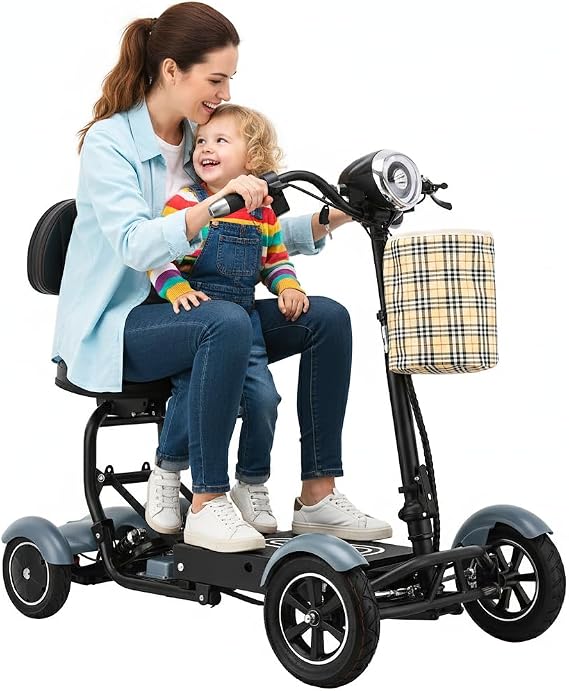 Bangeran 2 Seater Dragon Mobile Electric Travel Scooter (330 lb Capacity), 12 mph Top Speed, LED Lights 3 Speed Levels & Reverse, Front Storage Basket, Fully Foldable for Small Storage, Matte Blue