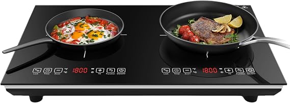 VBGK Double Induction Hob 3600W, Plug in Induction Hob 2 Ring, Hot Plate with Touch Sensor, 10 Power Levels, Safety Lock & 3-Hour Timer, 220~240V, Black