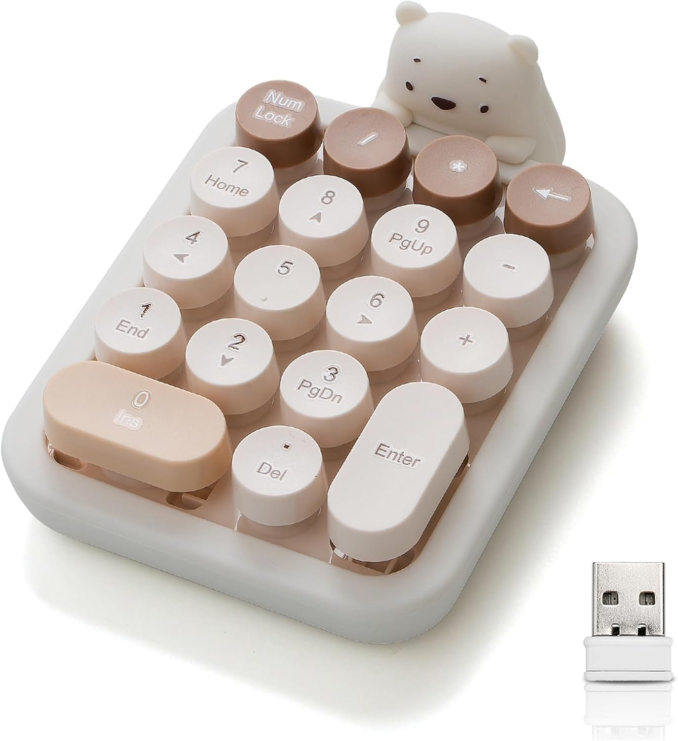 Cute Wireless Numeric Keypad with Silicone Bear, Colorful Round Keycaps, 2.4G USB Wireless Connection, Portable Financial Accounting Numpad Number Keyboard, Suitable for PC, Laptop MilkTea