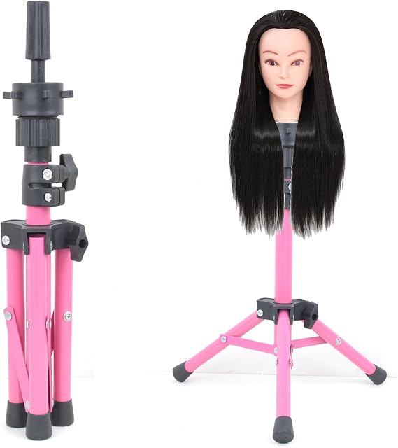 Wig Stand, Training Head Stands Tripod, Sturdy Metal Hairdressing Doll Mannequin Heads Stand, Canvas Foam Manikin Heads for Wigs, Training and Hairdressing（pink）