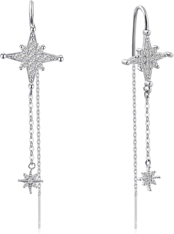 Crystal Star Drop Earrings, Silver Chain Threader, Double Star Design, Dangle Style, Pullthrough Gifts for Women