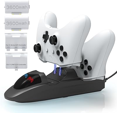 iPLYGAM Controller Charger Station with 2 x 3600mWh Rechargeable Battery Packs for Xbox OneXbox SeriesXbox EliteXbox X Controller, Charging Station Dock for Xbox Controlllers with 4 White Covers,