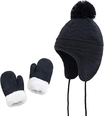 jerague Hats and Gloves Set for Kids Toddler Baby Girls Boys Warm Earflap Beanie Fleece Hats Mittens