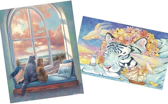 Pintoo - Two Plastic Jigsaw Puzzles Bundle - 1000 Piece - Cotton Lion - Patron Saint of Lighthouse H2366 and 500 Piece - Lucie Bilodeau - Enjoying The View [H2366+H2283]